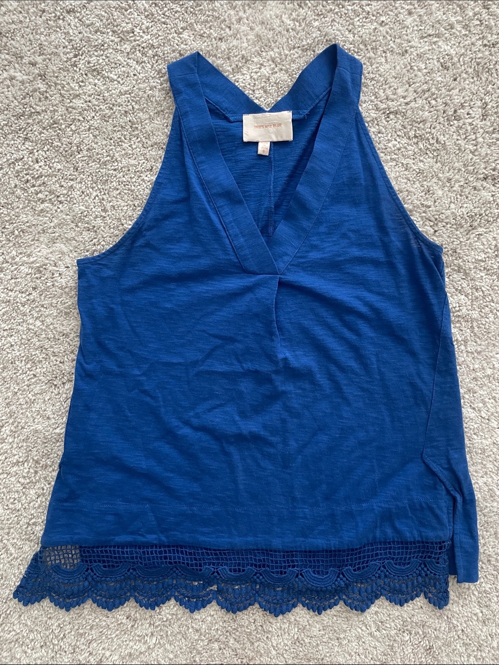 Skies Are Blue Royal Blue V-Neck Lace Hem Tank Top